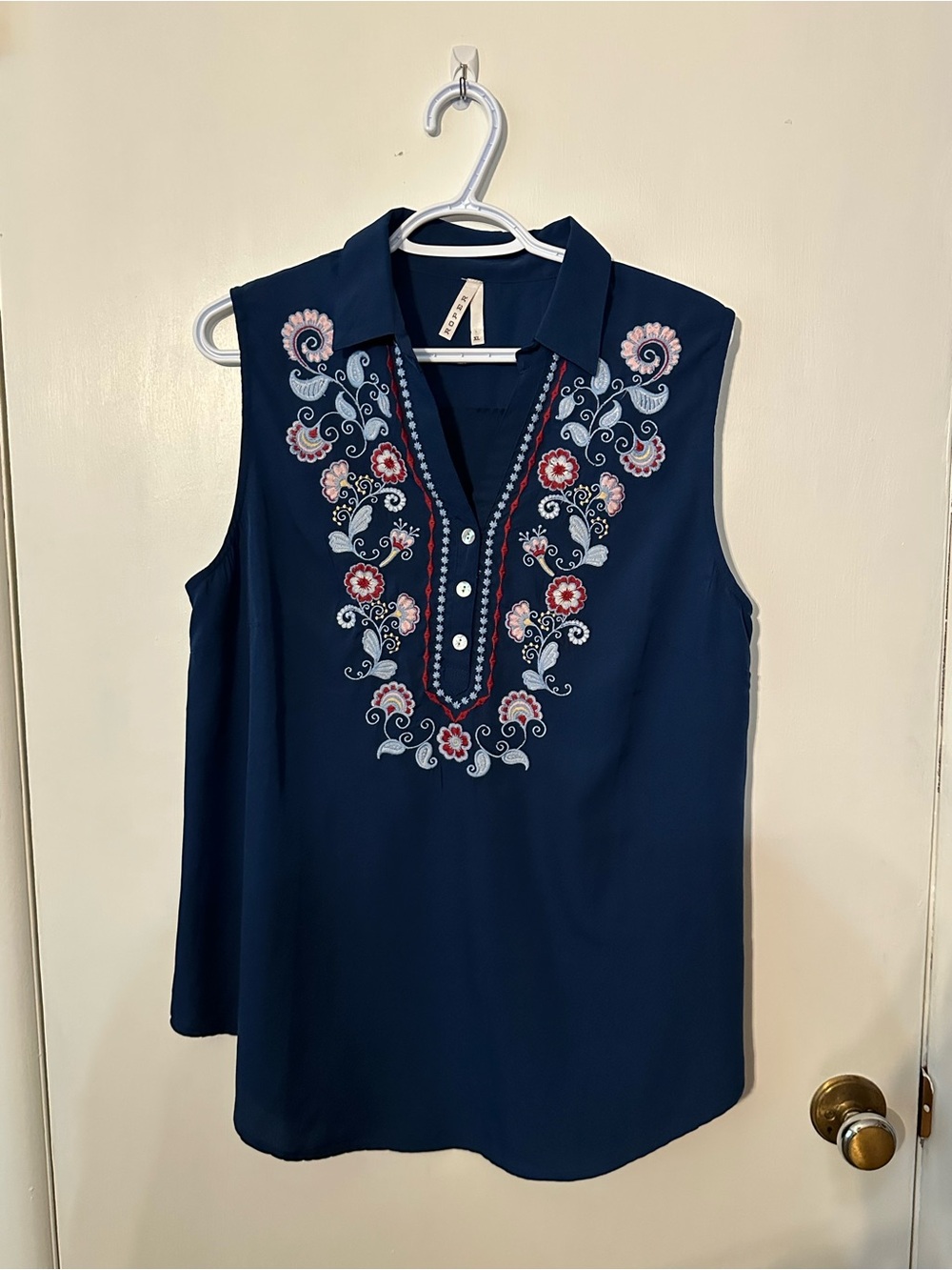 Roper navy blue sleeveless western top colourful floral embroidery xl